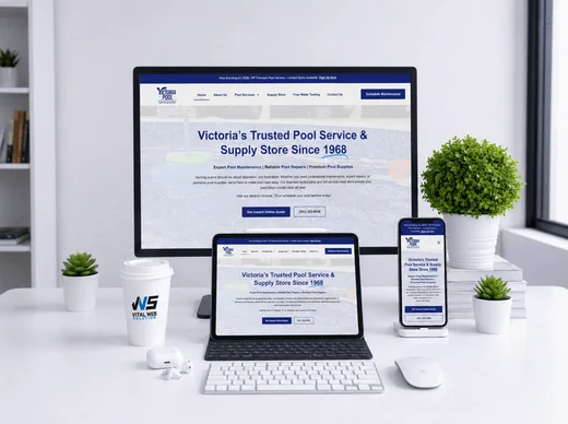 Victoria Pool Service and Supply website shown on desktop, tablet and mobile