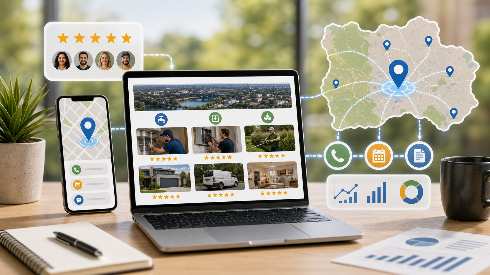 Rawalpindi Pindi local SEO workflow showing service area visibility phone calls quote requests bookings and analytics